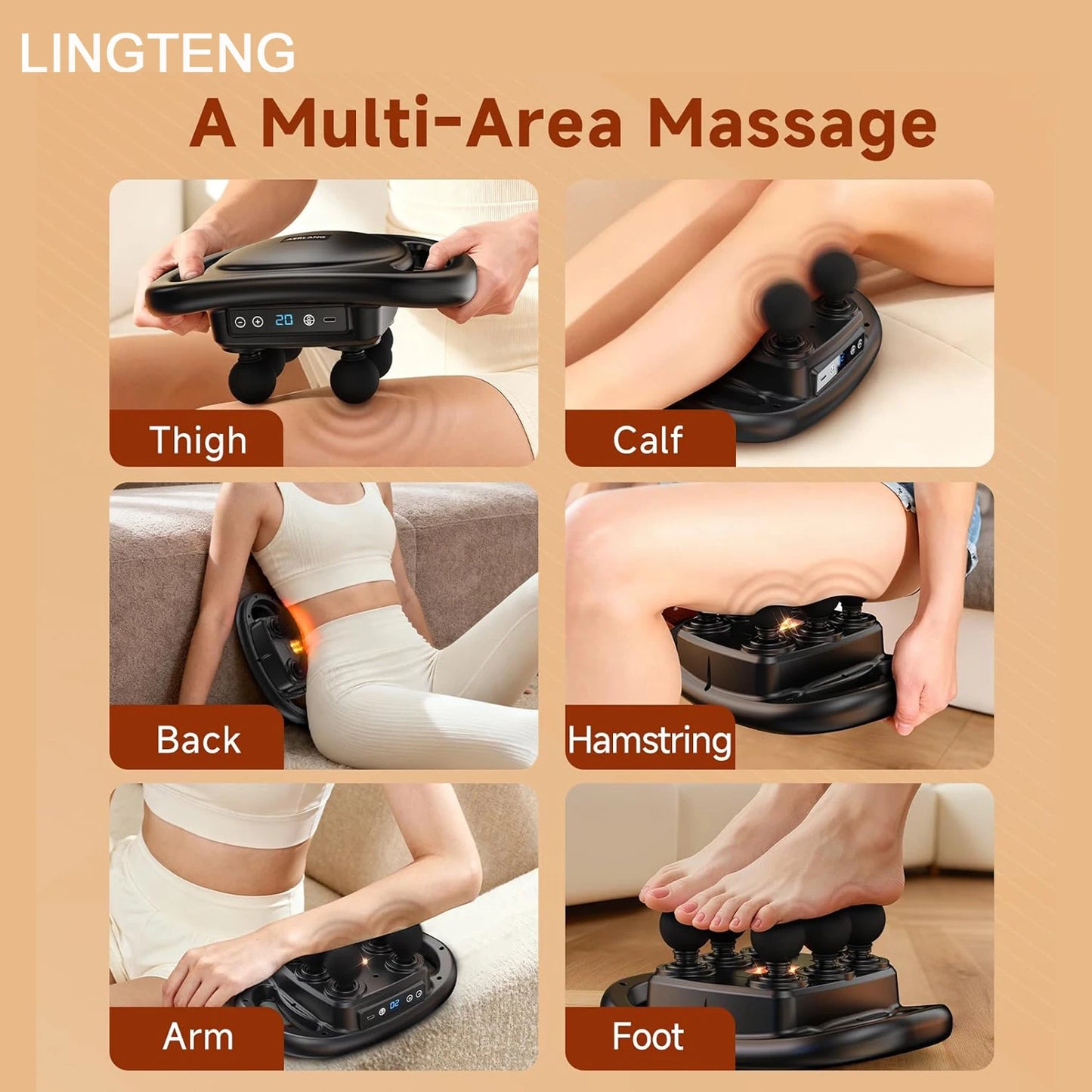 Deep Tissue Massage Gun, equipped with 6 head muscle massagers, a back massager, a percussive massage tool, and a handheld massager, featuring 9 intensity levels and 4 modes