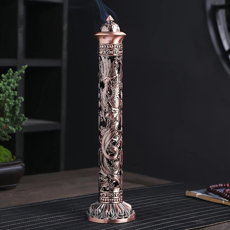 Retro Vertical Incense Burner Buddha Heart Sutra Dragon Phoenix Pillar Metal Incense Stick Home Office Ceremony Decoration