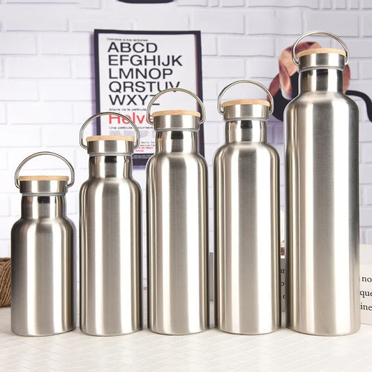 Stainless Steel Thermos Double Wall Vacuum Insulated Travel Water Bottles Flask Cup with Bamboo Lid Biking Camping Hiking Kettle