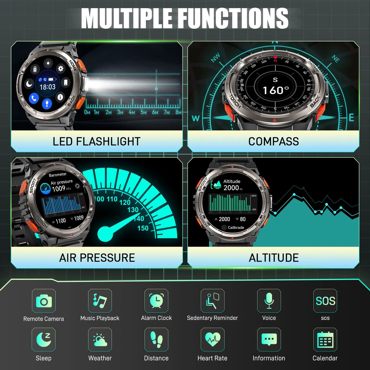 1.45 Inch Smart Watch KE5 3ATM Waterproof Original Design Sports Watch With Compass And Altitude Barometer LED Flashlight