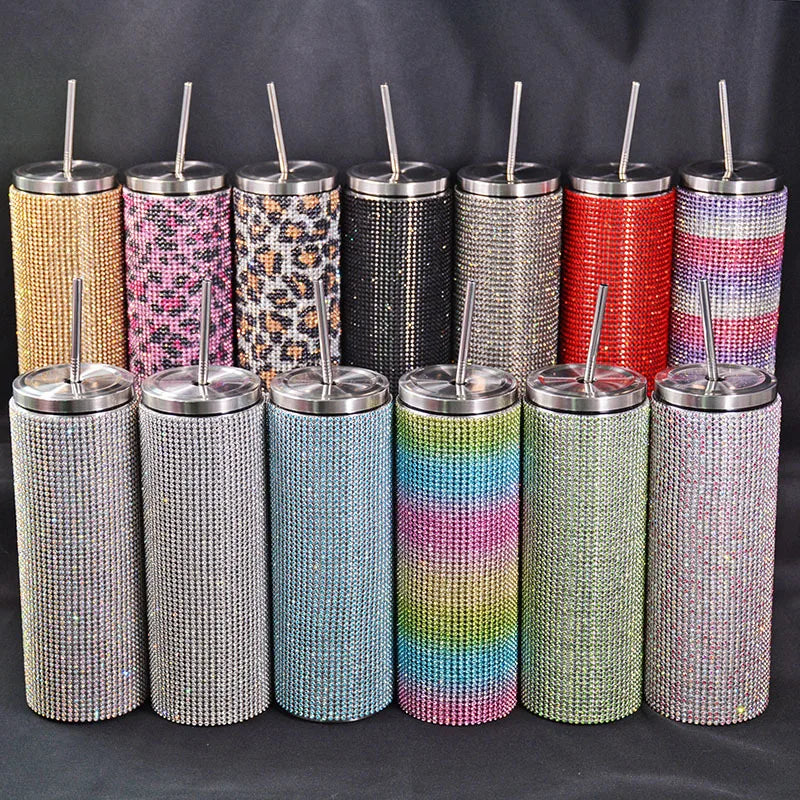 Diamond Stainless Steel Tumbler with Straw 20oz Thermos Bottle Sparkling Water Bottles Shining Coffee Mug Car thermal Cup Mug