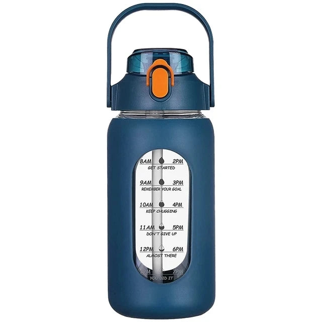 1000ML Glass Water Bottles With Straw, Glass Bottle With Silicone Sleeve And Time Marker, For Gym Camping Home Office