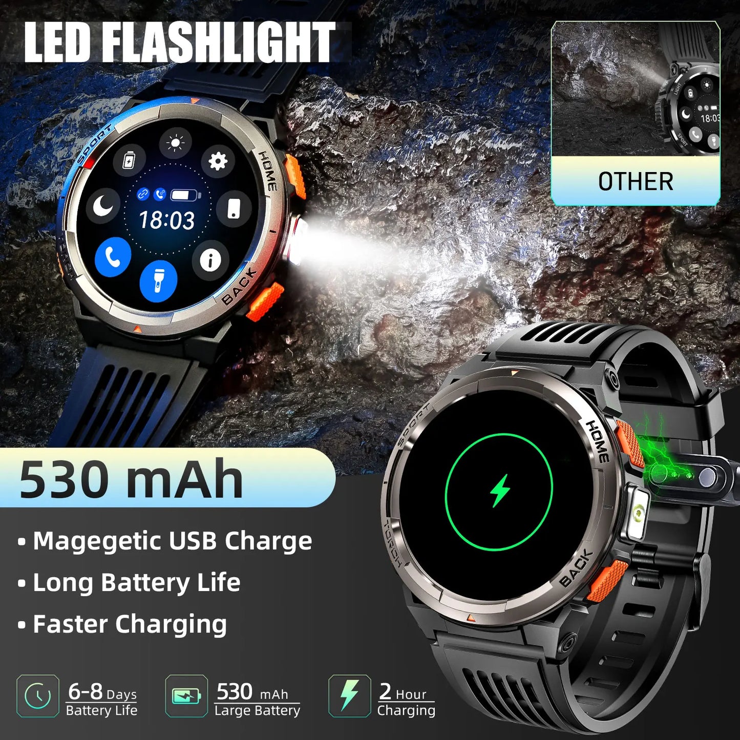 1.45 Inch Smart Watch KE5 3ATM Waterproof Original Design Sports Watch With Compass And Altitude Barometer LED Flashlight