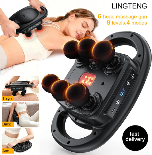 Deep Tissue Massage Gun, equipped with 6 head muscle massagers, a back massager, a percussive massage tool, and a handheld massager, featuring 9 intensity levels and 4 modes