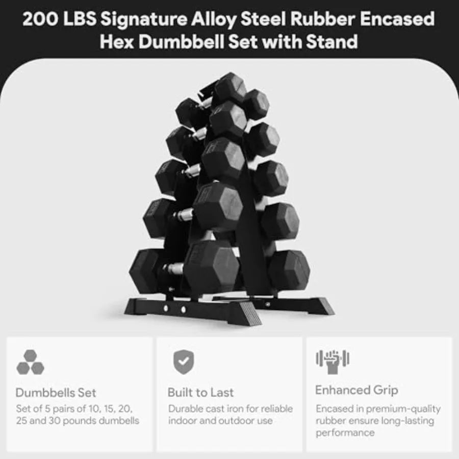 Rubber Coated Hex Dumbbell Set with A-Frame Rack Black Solid Cast Iron Home Gym Weights with Chrome Handles for Full-Body Strength