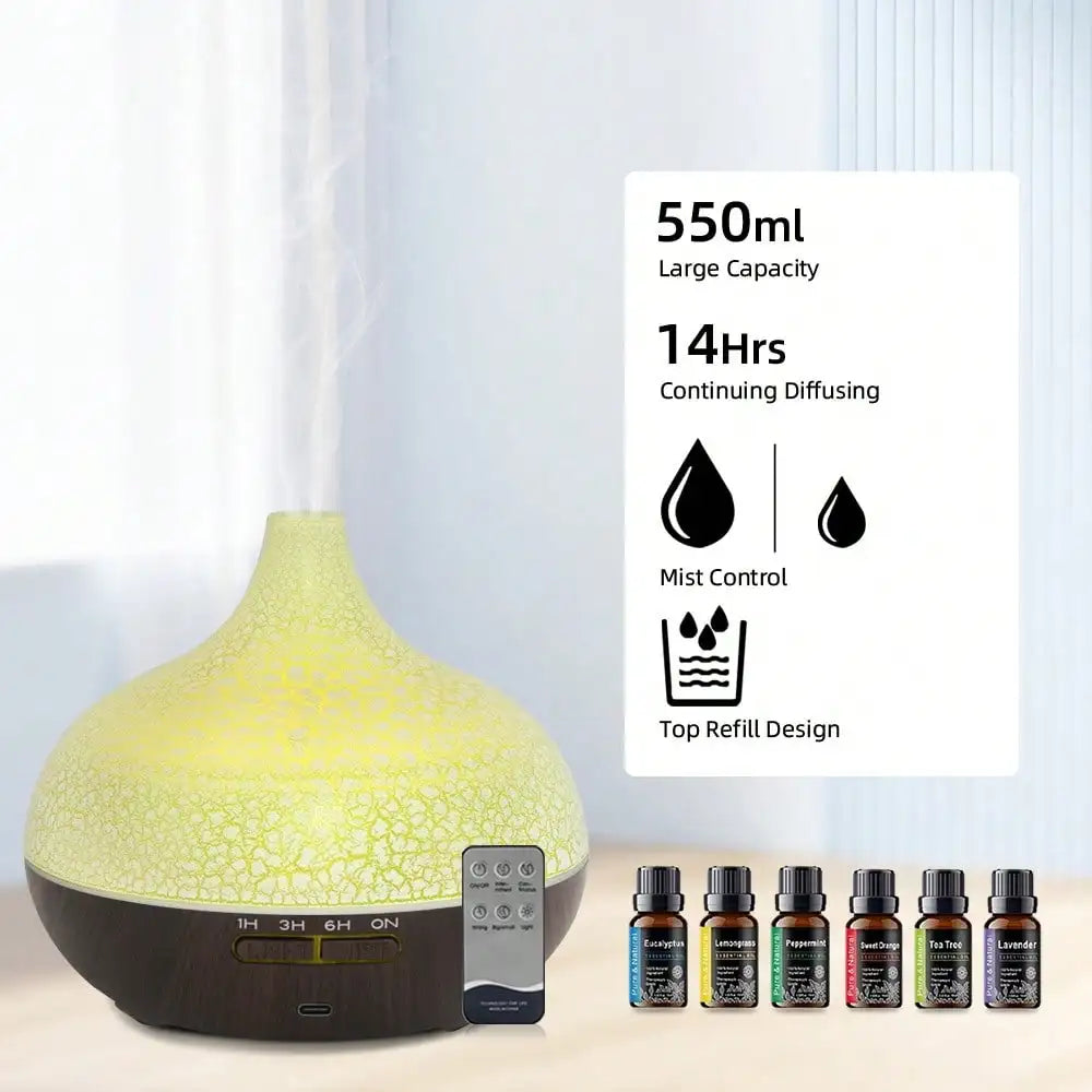 550ML Ultrasonic Essential Oil Diffuser, Crack Design Aromatherapy Humidifier With 7 Color LED Lights For Home, Bedroom, Office,