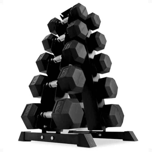 Rubber Coated Hex Dumbbell Set with A-Frame Rack Black Solid Cast Iron Home Gym Weights with Chrome Handles for Full-Body Strength