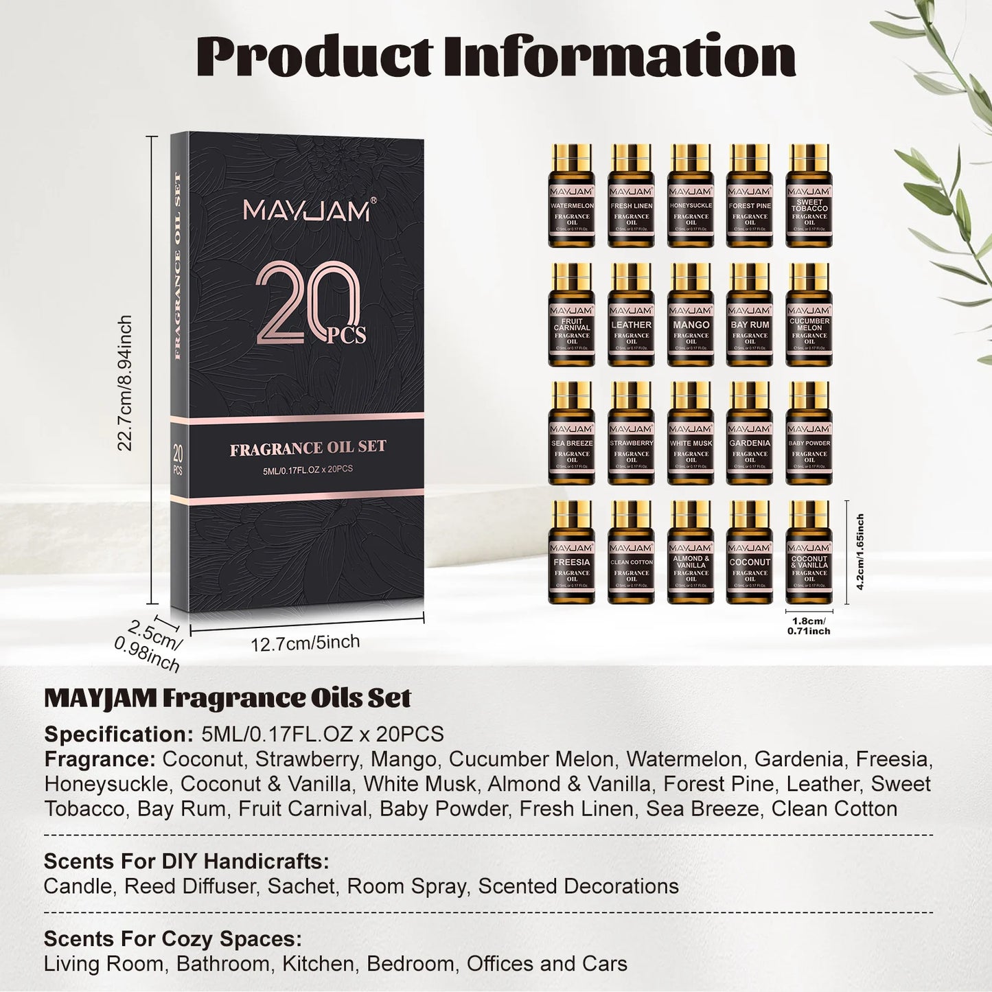 Fragrance Oils Kit 20pcs/set Coconut & Vanilla White Musk Watermelon Strawberry Oil for Humidifier Diffuser Candle Making