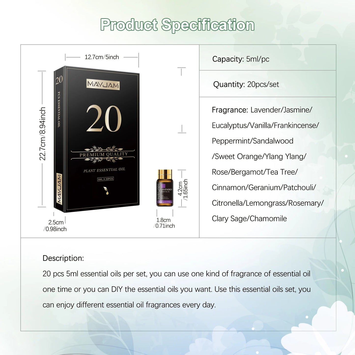 20 Bottles Essential Oils Kit Set Lavender Jasmine Eucalyptus Vanilla Sandalwood Sweet Orange Geranium Patchouli