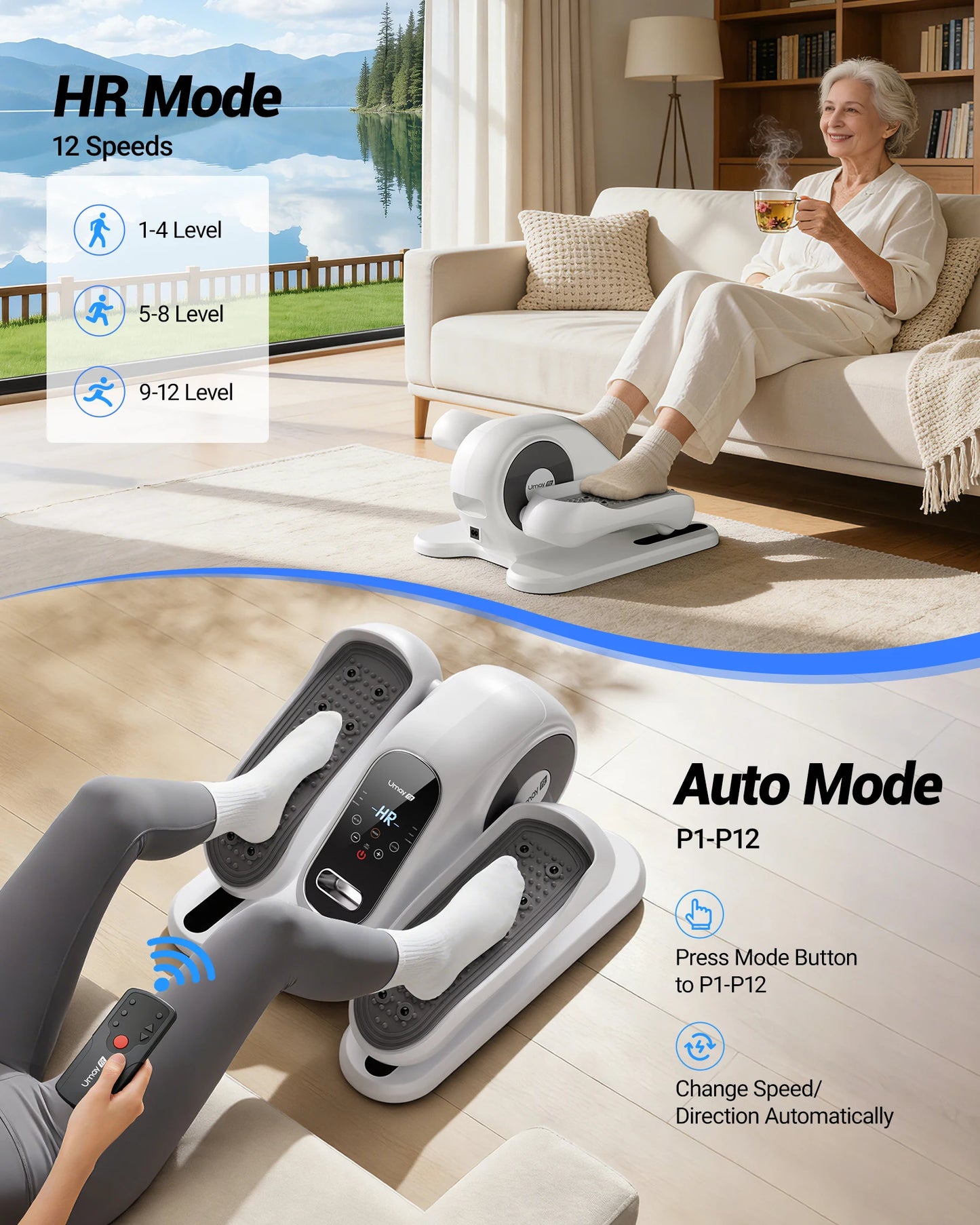 Under Desk Electric Elliptical Machine, 12 Speed Seated Pedal Exerciser with Remote Control, Forward Reverse Mini Leg Exerciser for Home Office Use
