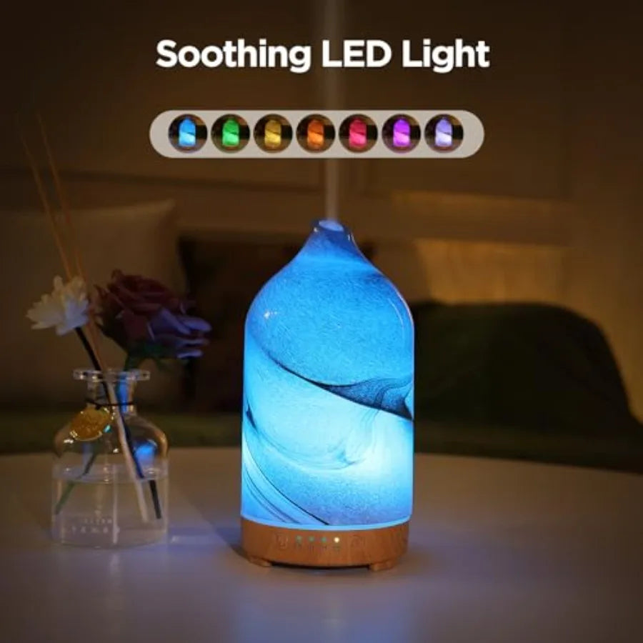 Essential Oil Diffuser Hand Blown Glass Aromatherapy Diffuser - Ultrasonic Cool Mist Scent Aroma Diffuser, Whisper Quiet with A