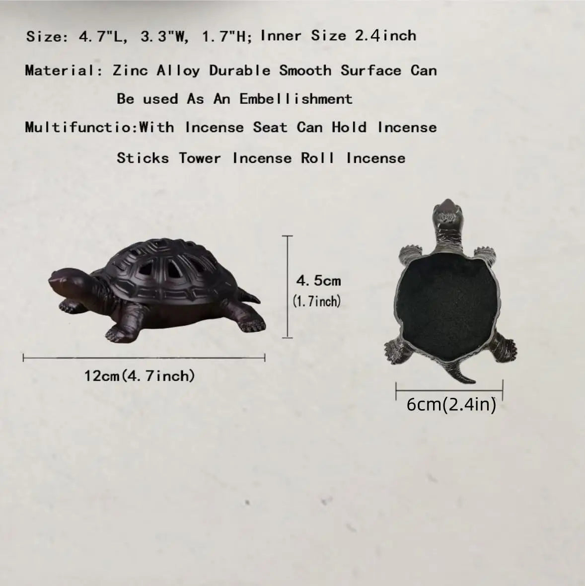 Vintage Turtle Incense Burner with Stick Holder, Metal Ash Catcher for Stick, Coil, Cone & Sage