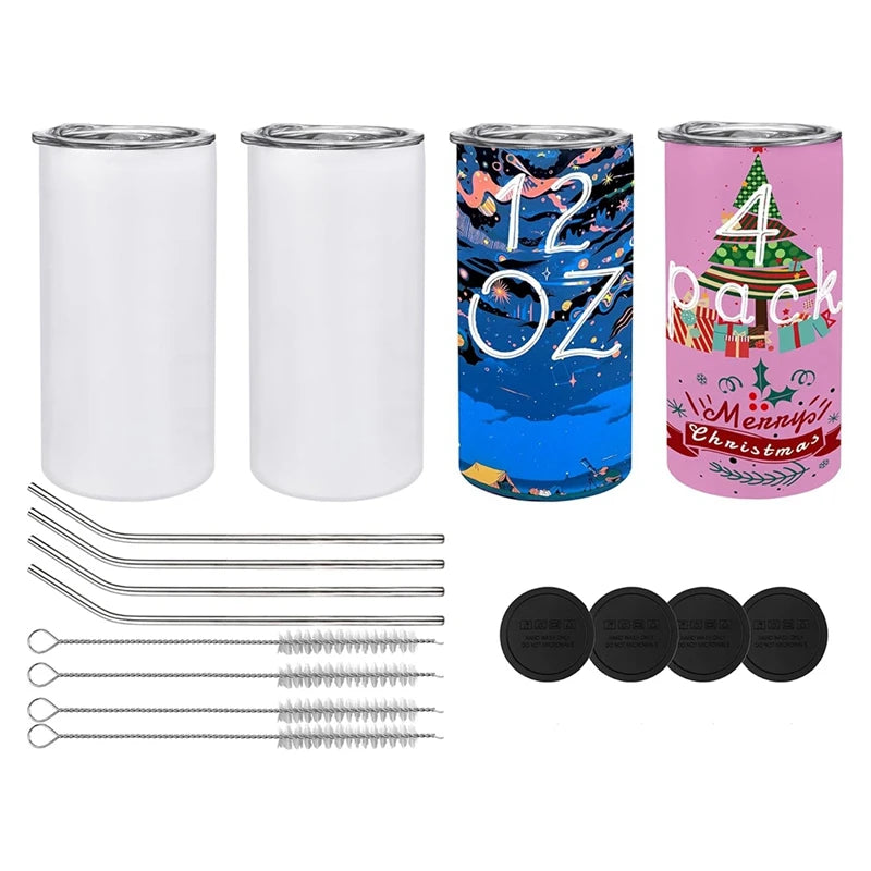 12 oz Sublimated Tumblers Blank Insulated Stainless Steel Water Bottles 4pcs/6pcs/10pcs Portable With Lids And Straws For DIY