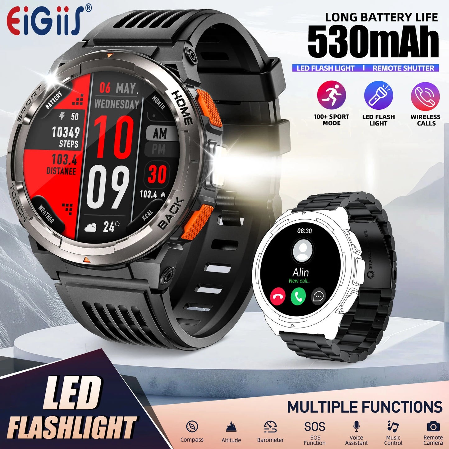 1.45 Inch Smart Watch KE5 3ATM Waterproof Original Design Sports Watch With Compass And Altitude Barometer LED Flashlight