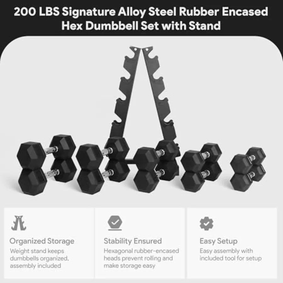 Rubber Coated Hex Dumbbell Set with A-Frame Rack Black Solid Cast Iron Home Gym Weights with Chrome Handles for Full-Body Strength