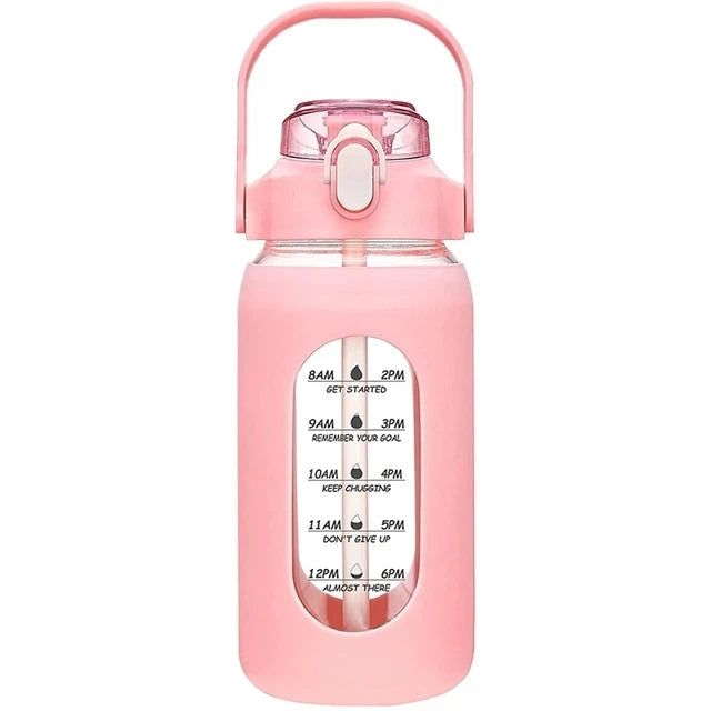 1000ML Glass Water Bottles With Straw, Glass Bottle With Silicone Sleeve And Time Marker, For Gym Camping Home Office