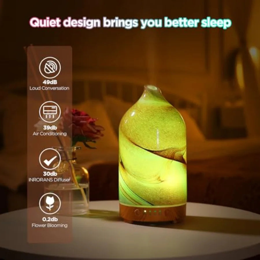 Essential Oil Diffuser Hand Blown Glass Aromatherapy Diffuser - Ultrasonic Cool Mist Scent Aroma Diffuser, Whisper Quiet with A