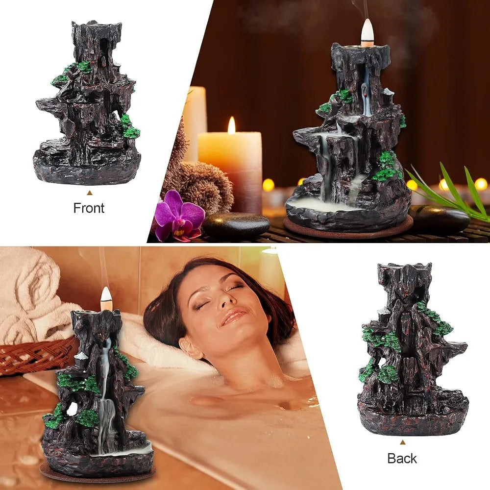 Backflow Incense Burner, 2-Sided Waterfall Holder with 120 Cones & 30 Sticks, Aromatherapy Decor