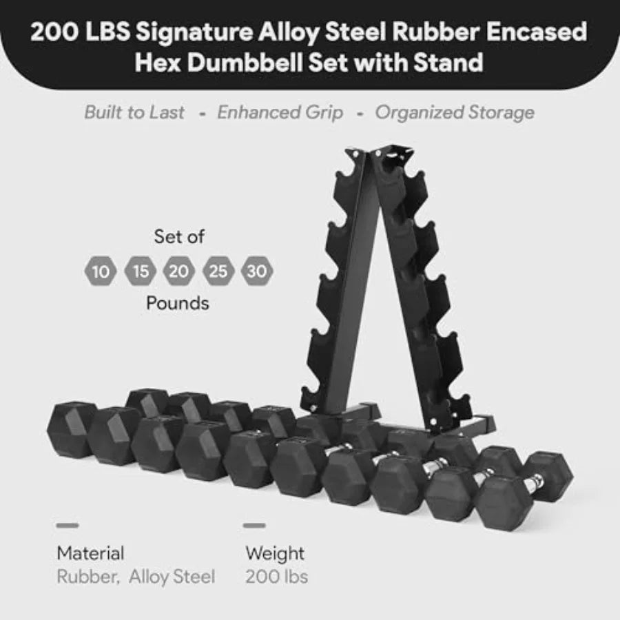 Rubber Coated Hex Dumbbell Set with A-Frame Rack Black Solid Cast Iron Home Gym Weights with Chrome Handles for Full-Body Strength