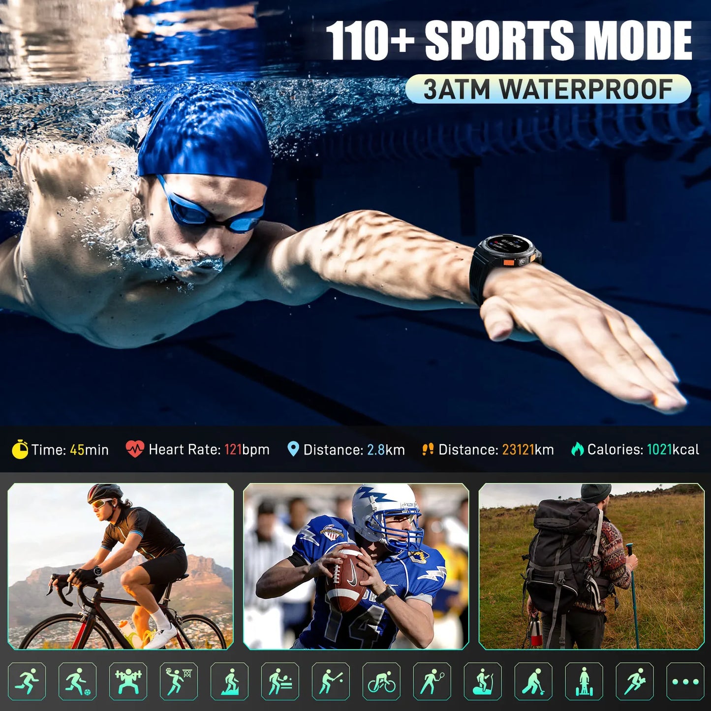1.45 Inch Smart Watch KE5 3ATM Waterproof Original Design Sports Watch With Compass And Altitude Barometer LED Flashlight