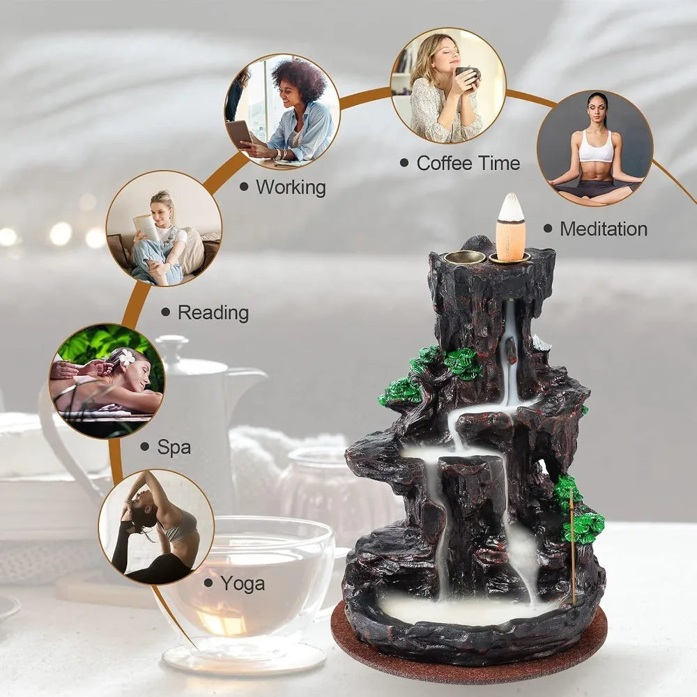 Backflow Incense Burner, 2-Sided Waterfall Holder with 120 Cones & 30 Sticks, Aromatherapy Decor