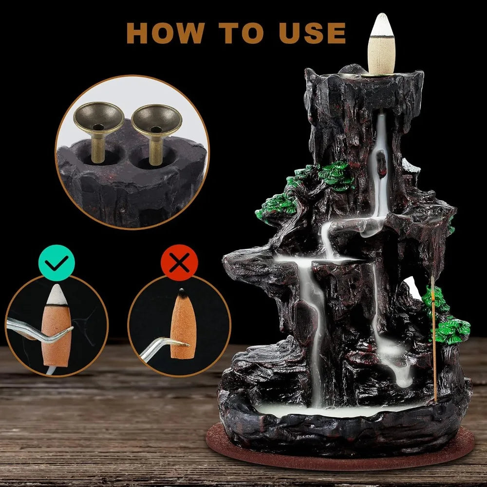 Backflow Incense Burner, 2-Sided Waterfall Holder with 120 Cones & 30 Sticks, Aromatherapy Decor