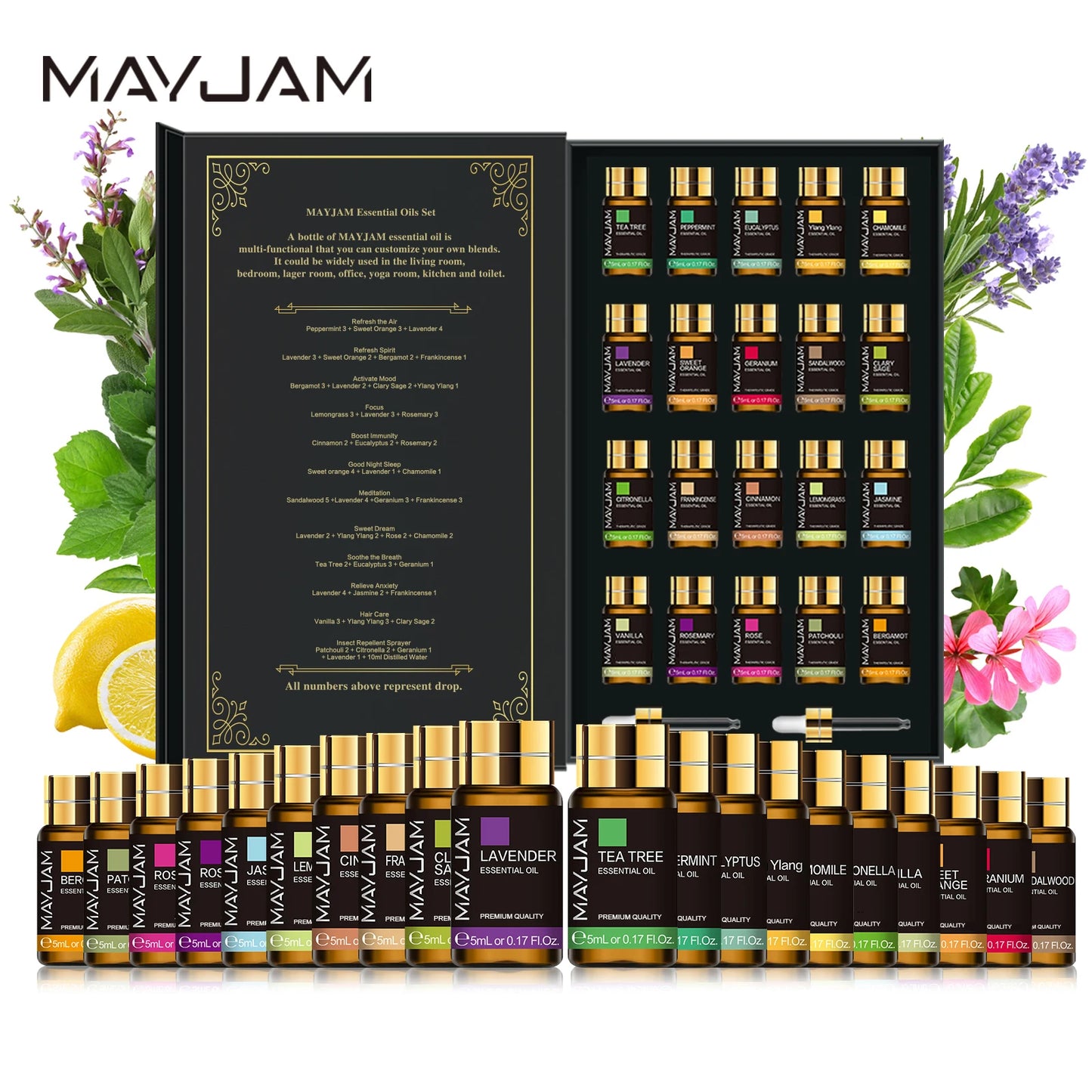 20 Bottles Essential Oils Kit Set Lavender Jasmine Eucalyptus Vanilla Sandalwood Sweet Orange Geranium Patchouli
