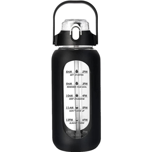 1000ML Glass Water Bottles With Straw, Glass Bottle With Silicone Sleeve And Time Marker, For Gym Camping Home Office