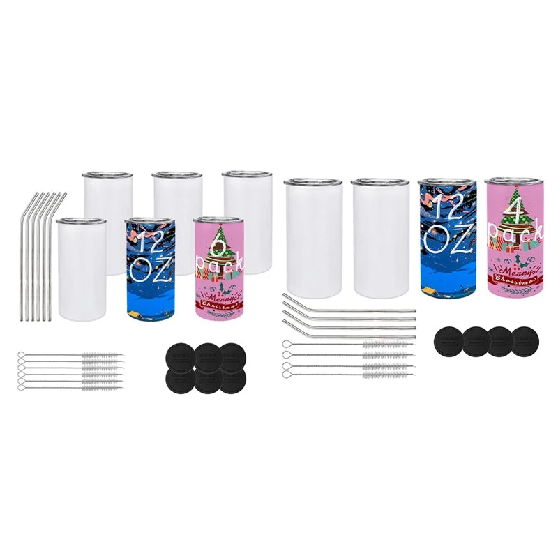 12 oz Sublimated Tumblers Blank Insulated Stainless Steel Water Bottles 4pcs/6pcs/10pcs Portable With Lids And Straws For DIY