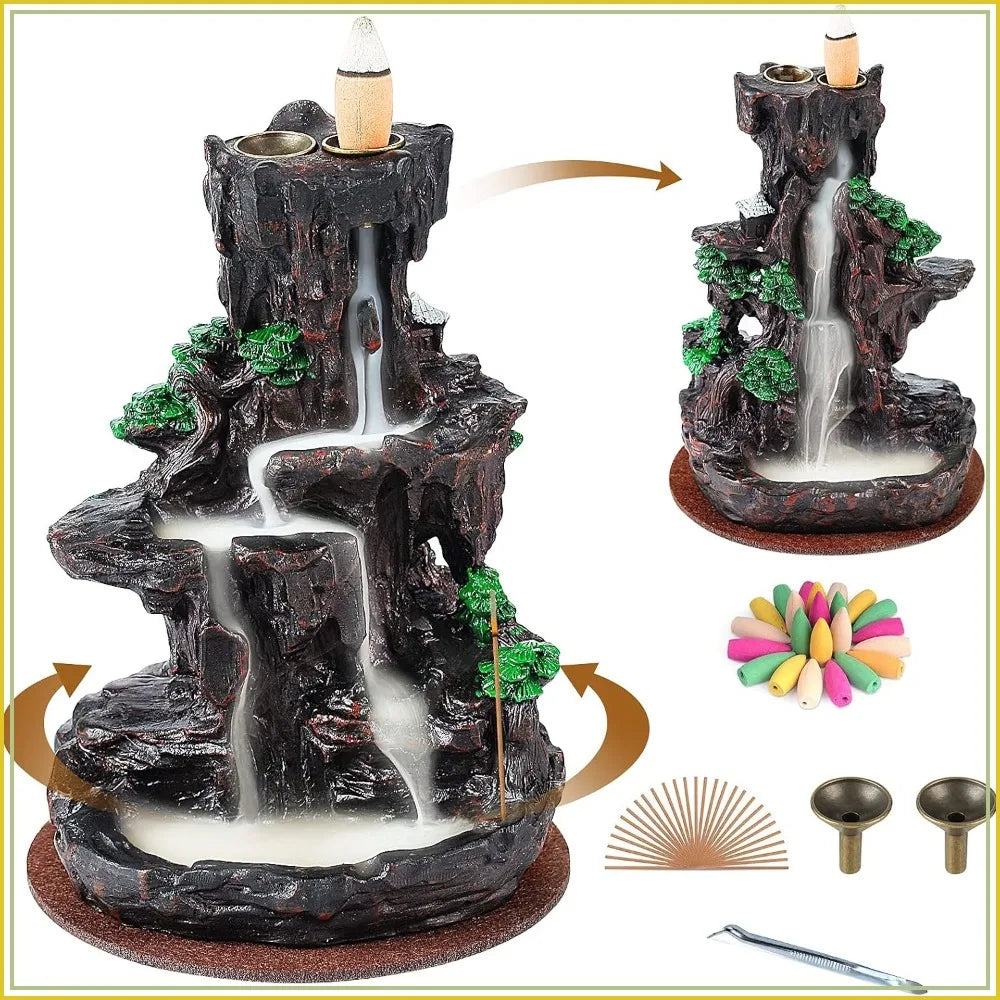 Backflow Incense Burner, 2-Sided Waterfall Holder with 120 Cones & 30 Sticks, Aromatherapy Decor