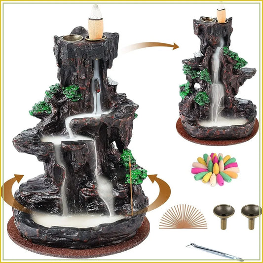 Backflow Incense Burner, 2-Sided Waterfall Holder with 120 Cones & 30 Sticks, Aromatherapy Decor