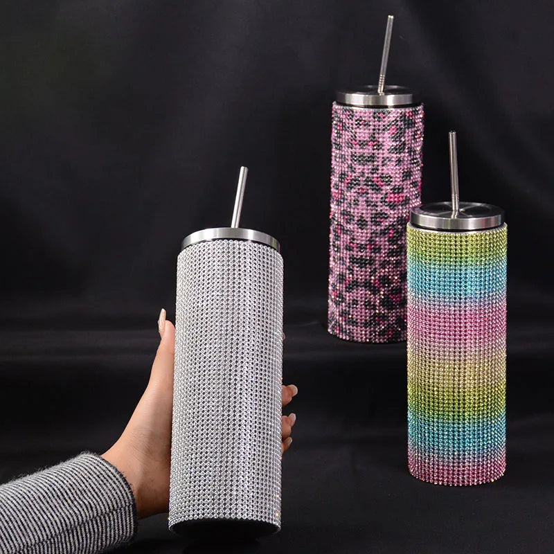 Diamond Stainless Steel Tumbler with Straw 20oz Thermos Bottle Sparkling Water Bottles Shining Coffee Mug Car thermal Cup Mug